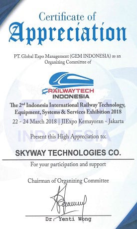 Certificate of Appreciation of SkyWay Technologies Co. The 2nd Indonesia International Railway Technology, Equipment, Systems & Services Exhibition RailwayTech Indonesia.